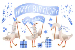 Birthday Goose with Banner Happy Birthday. Geese Hand Drawn Product Image 1