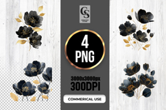 Black Gold Floral Flowers Clipart Sublimation PNG Product Image 1
