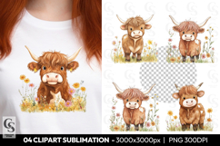 Highland Cow With Wildflowers Clipart Sublimation PNG Product Image 1