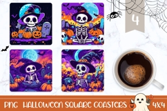 Neon Halloween Skull Square Coasters, Halloween Moon PNG Product Image 1