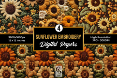 Sunflower Embroidery Digital Paper Pattern Product Image 1