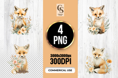 Watercolor Floral Fox Clipart Sublimation PNG Product Image 1