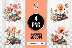 Vintage Gramophone Floral Clipart Sublimation PNG Product Image 1