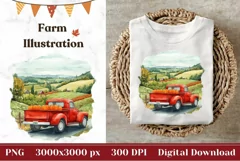Red Farm Truck Illustration, Watercolor Pumpkins PNG Product Image 1