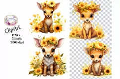 Sunflowers, deer, Ephemera, PNG, watercolor, Clipart Product Image 1