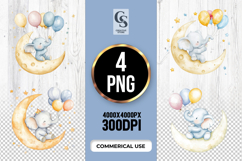 Cute Baby Elephant Moon Balloons Clipart Sublimation PNG Product Image 1