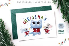 Illustration of a Christmas kitten with a hare and a mouse Product Image 1