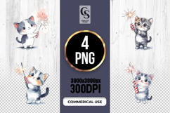 Cute Kitten Fireworks Watercolor Patriotic Clipart PNG Product Image 1