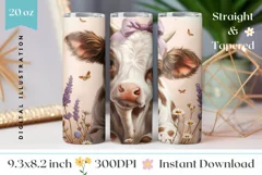 Summer Cow Tumbler Wrap Design, Wild Flowers Tumbler Design Product Image 1