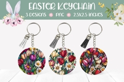 Stained Glass Flowers Round Keychain, Colorful Tulips PNG Product Image 1