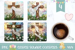 Stained Glass Cross PNG, Floral Easter Cross Coasters Product Image 1