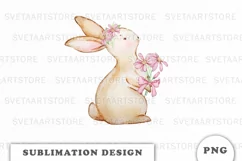 Watercolor Bunny with flowers Sublimation Design PNG Product Image 1