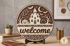 Halloween Welcome Round Sign SVG Haunted House Laser Cut Product Image 1