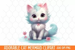 Adorable Cat Mermaid Clipart, Watercolor Clipart Product Image 1