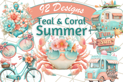 Coral and Aqua Summer Clipart PNG Pastel Tropical Icons Product Image 1
