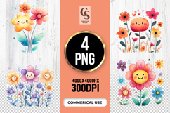 Cute Smiling Watercolor Flower Clipart PNG Product Image 1