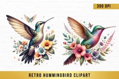 Flowers Hummingbird Clipart, Retro Hummingbird Clipart Product Image 1