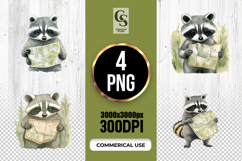 Cute Raccoon With Map Watercolor Clipart Sublimation PNG Product Image 1