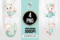 Cute Cat Mermaid Watercolor Clipart Sublimation PNG Product Image 1