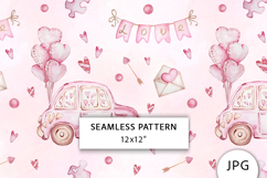 Pink Car with Balloons Seamless Pattern, Valentines paper Product Image 1