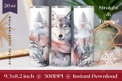 Christmas Tumbler Wrap, Watercolor Winter Wolf Tumbler PNG Product Image 1