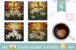 Stained Glass Easter Cross Coaster, Floral Easter Cross PNG Product Image 1