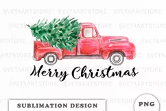 Watercolor vintage red truck christmas tree sublimation png Product Image 1