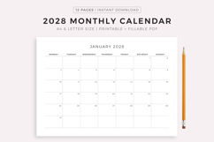 2028 Monthly Calendar Landscape, Printable, A4/Letter Size Product Image 1