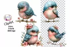 Birds, Blue, Pink, Ephemera, PNG, watercolor, Clipart Product Image 1