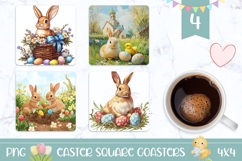 Easter Bunny Square Coasters, Cartoon Easter Sublimation Product Image 1