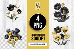 Black Gold Tulip Watercolor Clipart Sublimation PNG Product Image 1