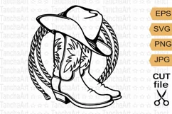 Cowboy boots print art svg, Cowboy hat rodeo lasso cut file Product Image 1