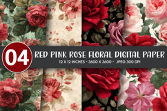 Red Pink Rose Floral Digital Paper Product Image 1