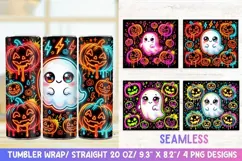 Neon Pumpkin Ghost 20 OZ Skinny Tumbler Wrap Sublimation PNG Product Image 1