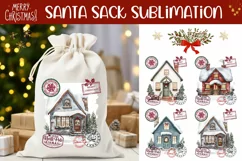 Watercolor Winter House Santa Sack, Christmas Gift Bag Product Image 1