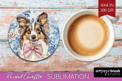 Collie Dog Round Coaster Blue Toile Coaster PNG Sublimation Product Image 1