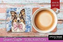 Collie Dog Square Coaster Blue Toile Coaster PNG Sublimation Product Image 1