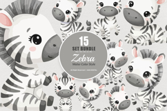 15 Bundle Watercolor Zebra Baby striped Animal Wildlife Product Image 1