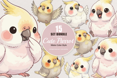 15 Bundle Watercolor Cute Baby Parrot Bird Macaw Parakeet Product Image 1