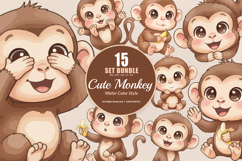 15 Bundle Watercolor Cute Monkey Animal Forest Banana Kids Product Image 1