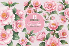 15 Bundle Watercolor Camelia Flower Pink Botanical Japanese Product Image 1