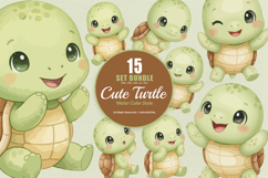 15 Bundle Watercolor Cute Turtle Baby Turtle Ocean Wildlife Product Image 1