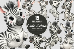 15 Bundle Watercolor Cute Zebra Black White Striped Animal Product Image 1