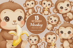 15 Bundle Watercolor Monkey Animal Primate Banana Kids Product Image 1
