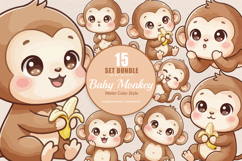 15 Bundle Watercolor Baby Monkey Animal Primate Banana Kids Product Image 1