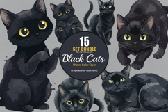 15 Bundle Watercolor Black Cats Lovers Kitten Fluffy Pet Product Image 1