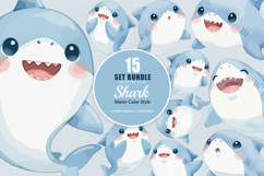 15 Bundle Watercolor Shark Ocean Sea Predator Cute Kids Product Image 1