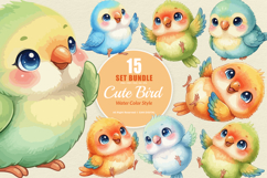 15 Bundle Watercolor Colorful Love Bird Cute Kids Flying Product Image 1
