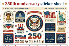 USA 250th Anniversary Stickers 4th of July 2026 PNG JPG PDF Product Image 1