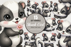 15 Bundle Watercolor Skunk Girl Cute Stripe Forest Animal Product Image 1